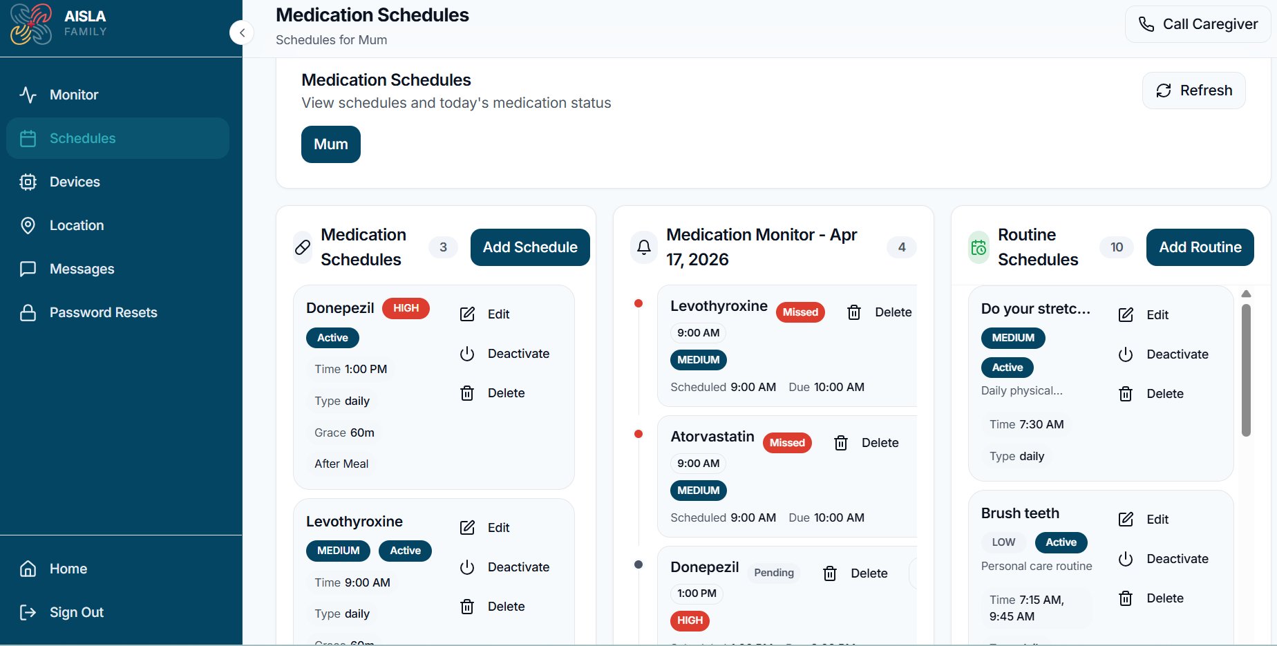 Zoothe family dashboard — medication schedules and monitoring
